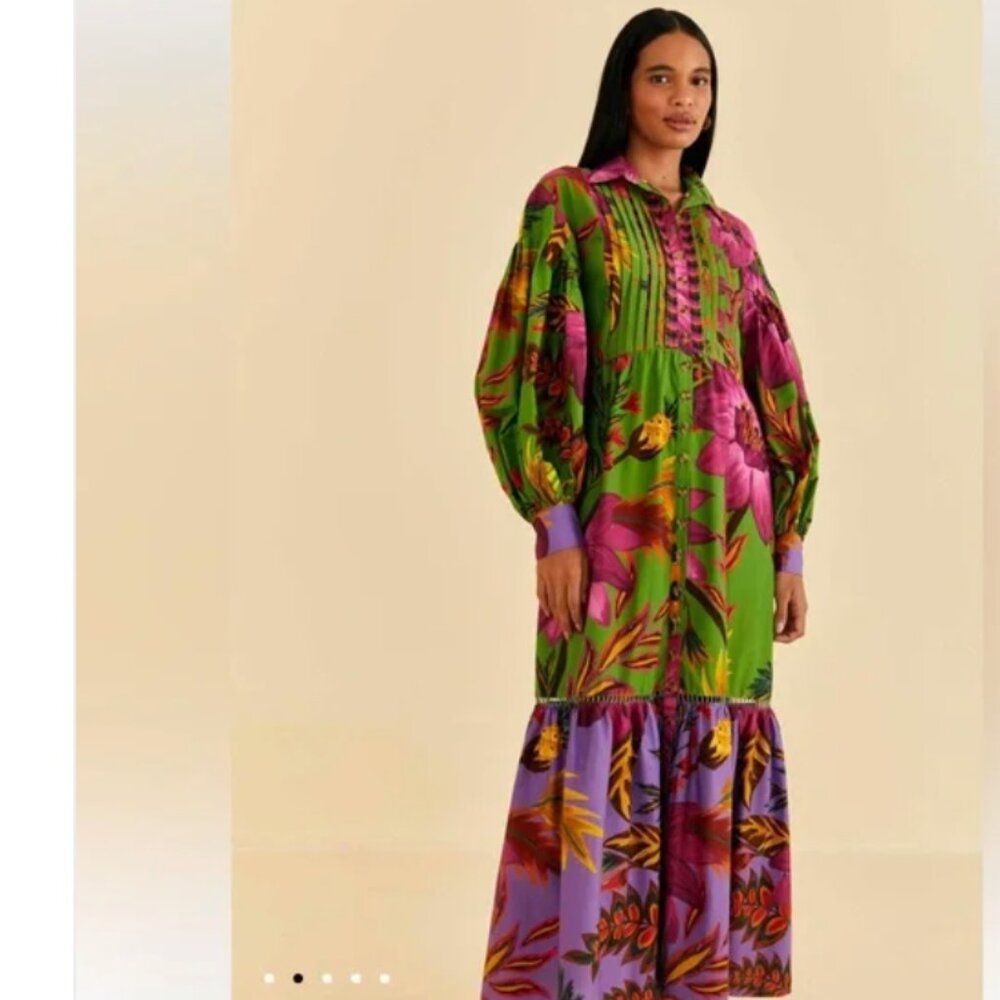 FARM Rio Vibrant Green Dress with Pink and Orange Accents and Balloon Sleeves